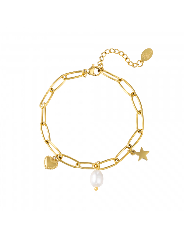 Roestvrijstalen schakelarmband met hart- en stervormige hangers en parelhanger